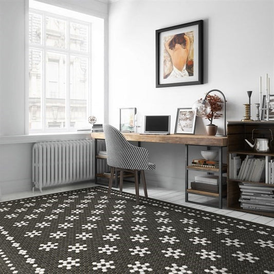 Mosaic Vintage Vinyl Design B Distressed Black/Ivory - Belmont Park Non-Slip Backing Area Rug