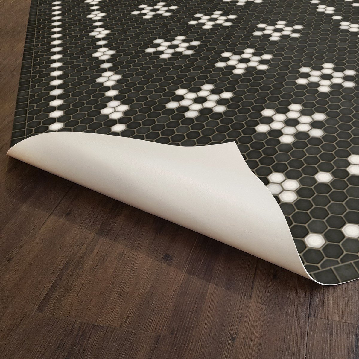 Mosaic Vintage Vinyl Design B Distressed Black/Ivory - Belmont Park Non-Slip Backing Area Rug