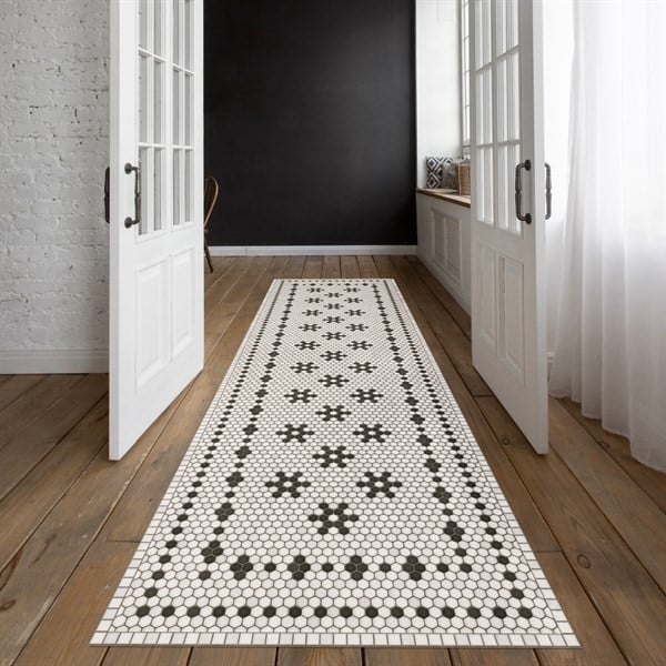 Mosaic Vintage Vinyl Design B Distressed Black/Ivory - Belmont Park Non-Slip Backing Area Rug